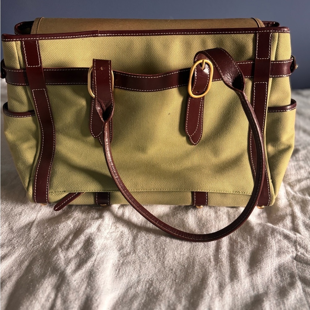 Coakley Tote Bag Green Laptop Bag. Green trimmed in brown faux leather. - Picture 4 of 7